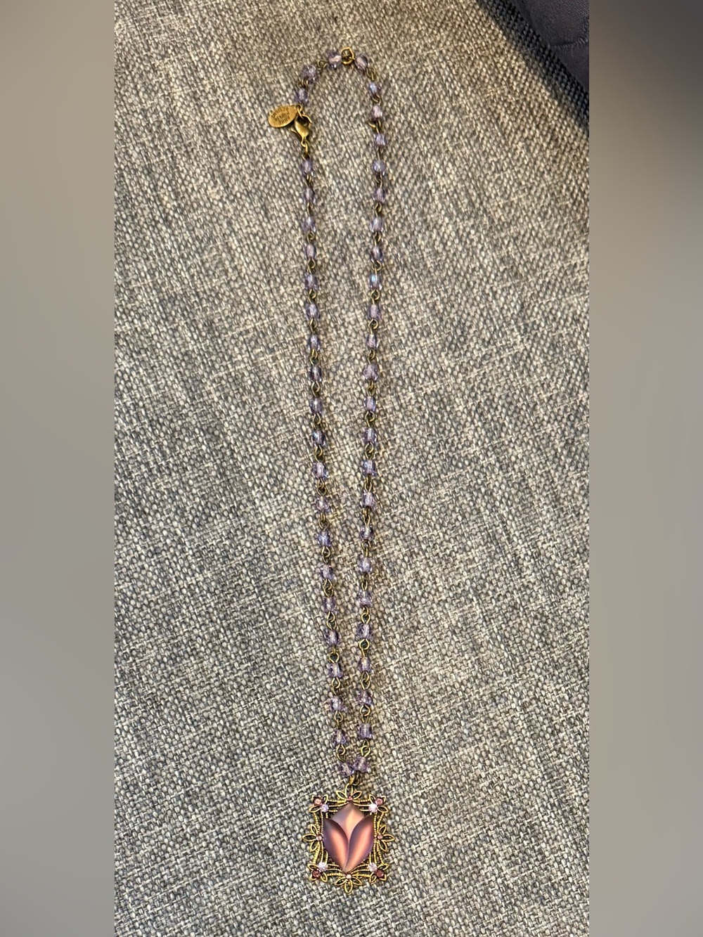 Anne Koplik Filigree Framed Purple Crystal Tulip Beaded Bronze Necklace